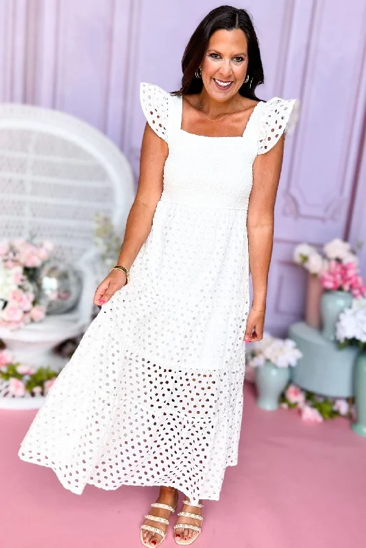White Square Neck Smocked Bodice Cap Sleeve Eyelet Maxi Dress Stylish Long Sleeve Maxi Dress