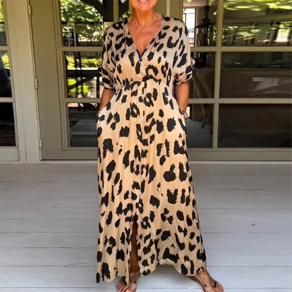 Wild Leopard V-Neck Maxi Dress Elegant Maxi Dress with Pockets