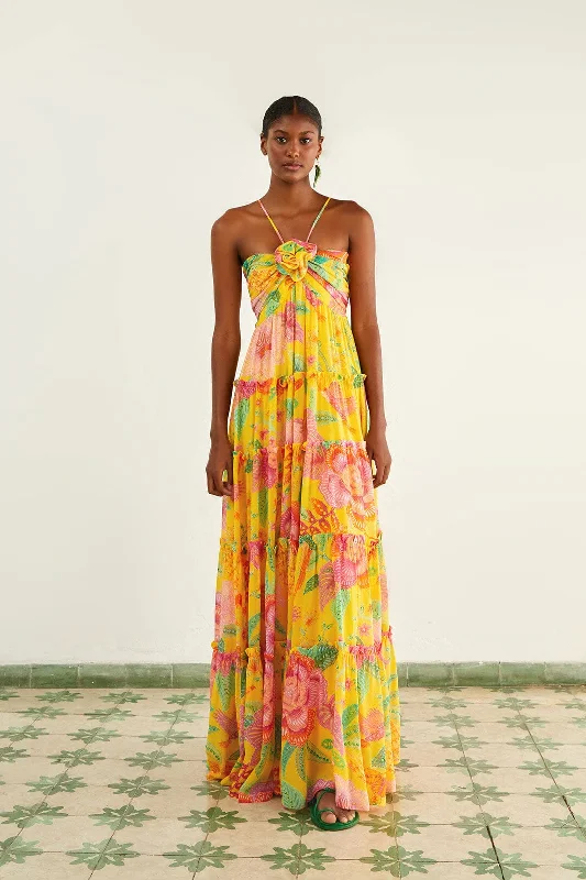 Yellow Macaw Bloom Maxi Dress Trendy Fit-and-Flare Maxi Dress