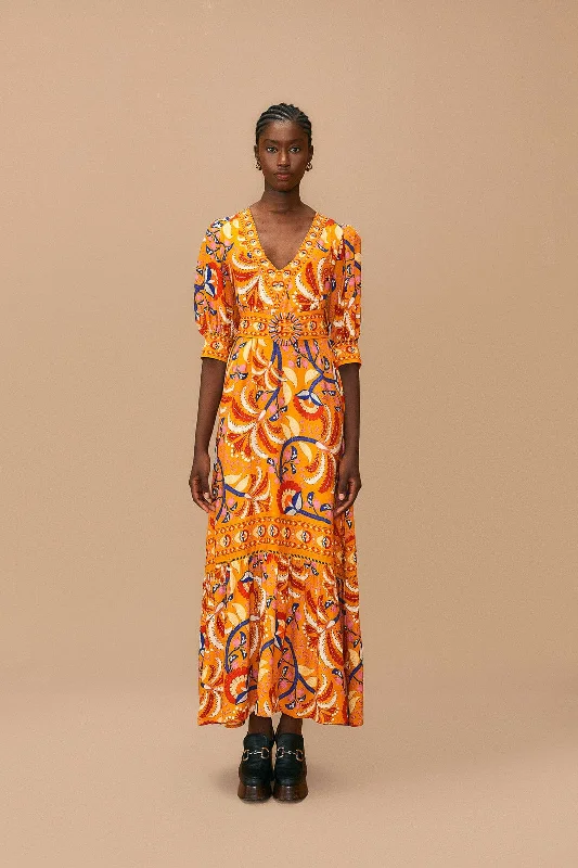Yellow Palms Party Short Sleeve Maxi Dress Comfortable Ruffle Hem Maxi Dress