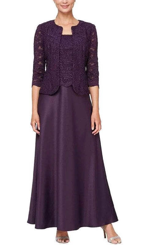 Alex Evenings - 82122326 Lace Bodice with Jacket A-Line Dress Boat Neck Shawl Collar Notched Collar