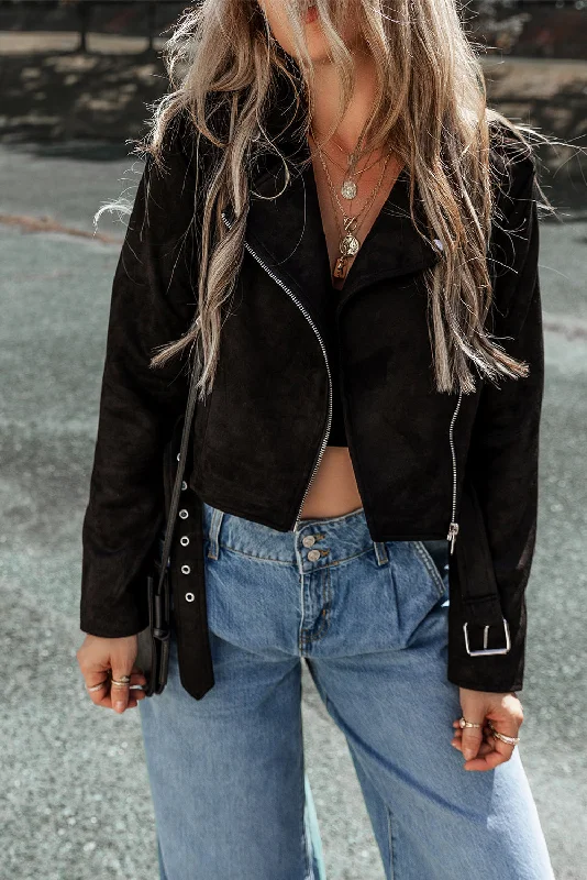 Black Asymmetric Zipper Belted Hem Jacket Print Jacket Jacquard Jacket Patchwork Jacket