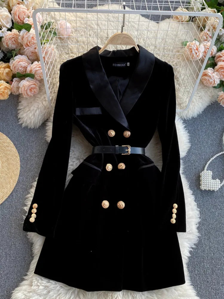 Getadme-Blazer Coat Women Velvet Suit Jacket Winter Double Breasted Long Sleeve Ladies Black Blazer Belt Women Slim Suit Blazer Outwear Fitted Jacket Loose Jacket Oversized Jacket
