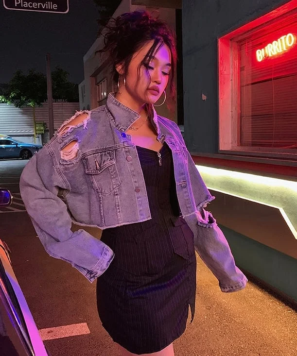 Candy Blue Ripped Long Sleeve Denim Jean Jacket Faux Fur Jacket Real Fur Jacket Shearling Jacket
