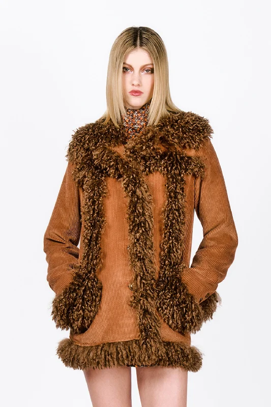 Corduroy Faux Fur Trimmed Jacket Hooded Jacket Caped Jacket Shawl Collar Jacket