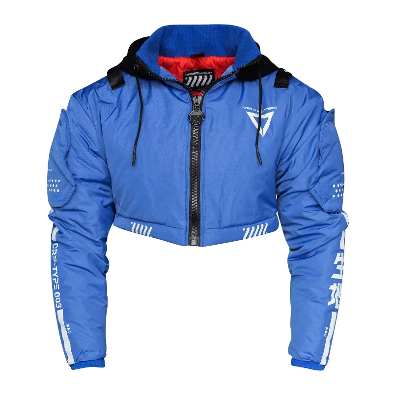 CRB-003 Blue Hood Crop Bomber Jacket Zippered Jacket Buttoned Jacket Snapped Jacket