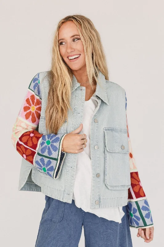 Dahlia Sweater Denim Jacket - Light Denim Front Pockets Side Pockets Patch Pockets