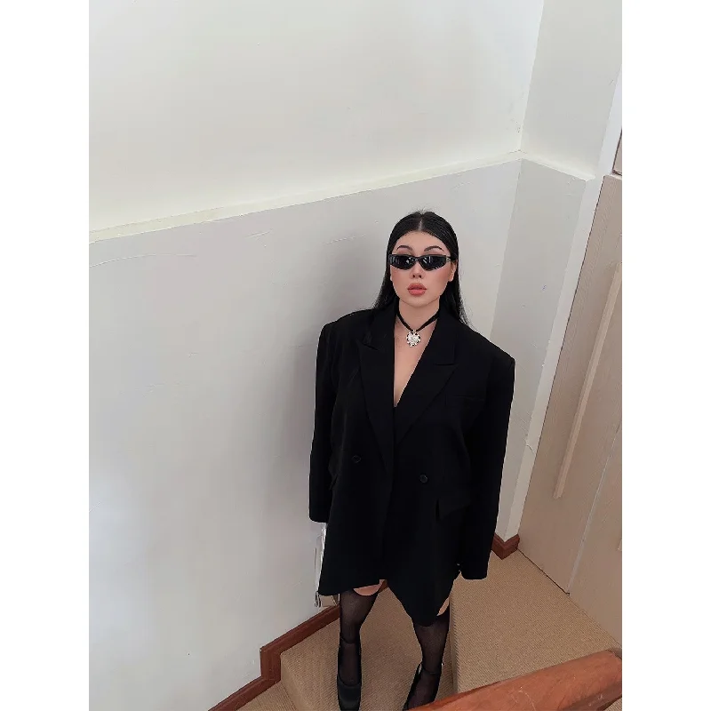 Danny Plus Size Solid Color Black Long Sleeve Button Blazer Jacket Insulated Jacket Fitted Jacket Loose Jacket