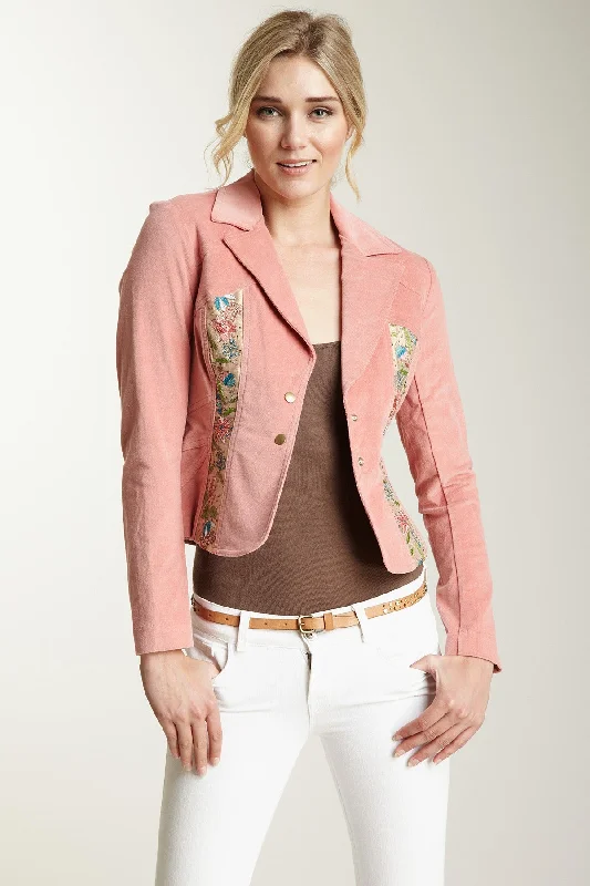 Embroidered Stretch Velveteen Cropped Jacket - Blush Chenille Fabric Brocade Fabric Lace Fabric