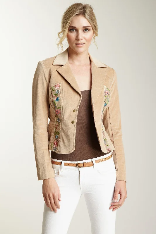 Embroidered Stretch Velveteen Cropped Jacket - Sand Quilted Jacket Puffer Jacket Insulated Jacket