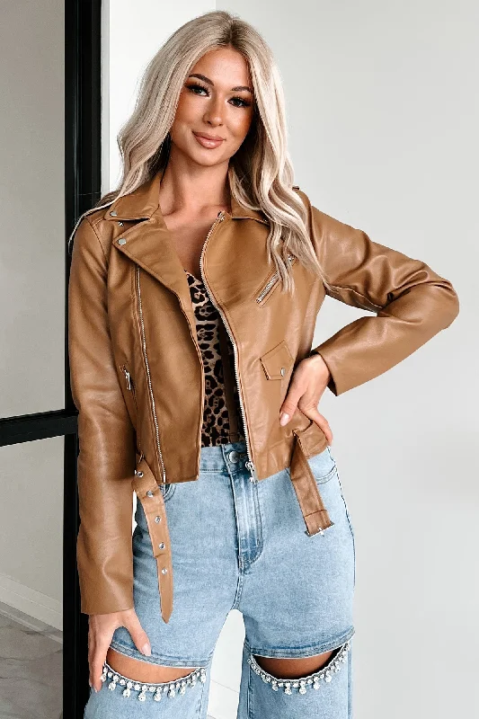 Engine's Running Faux Leather Moto Jacket (Camel) Fleece Fabric Down Fabric Feather Fabric