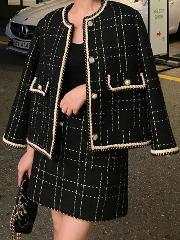 Getadme-European Style Autumn Winter 2 Piece Set Women Short Woolen Tweed Jacket Coat & Bodycon Mini Skirt Set Women Two Piece Outfits Welt Pockets Slit Pockets Flap Pockets