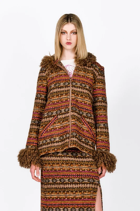Fair Isle Fleece Faux Curly Lamb Trimmed Hooded Jacket One-Shoulder Jacket Off-the-Shoulder Jacket Asymmetrical Jacket