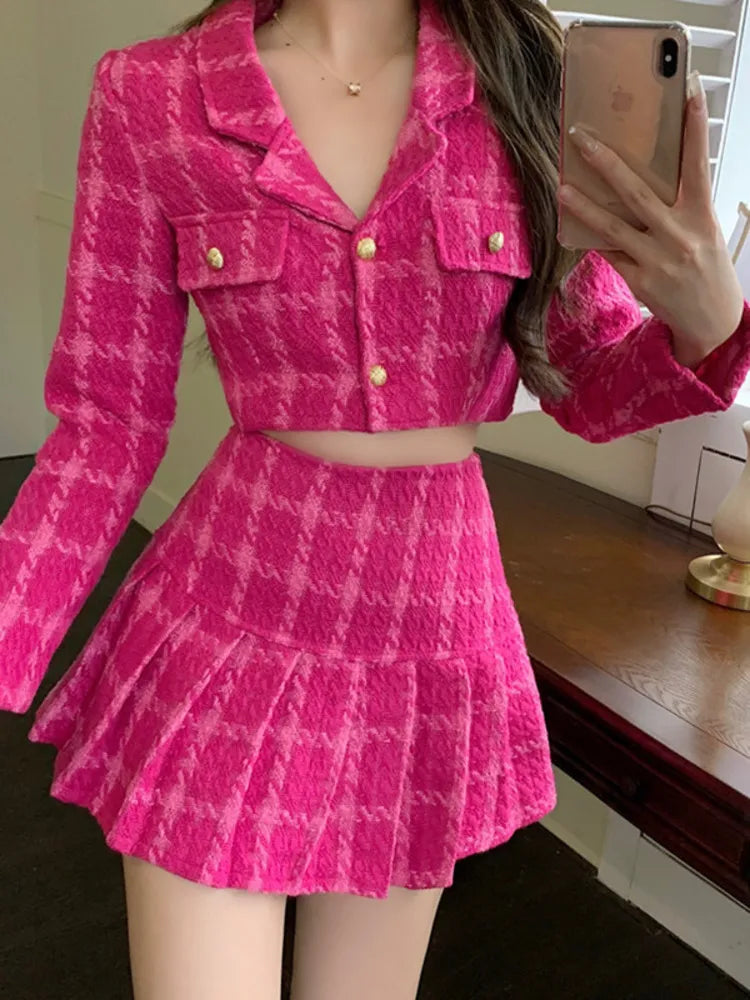 Getadme Fall Small Fragrance Vintage Tweed Two Piece Set Women Crop Top Woolen Short Jacket Coat + Mini Skirts Sets Sweet 2 Piece Suits Cotton Jacket Linen Jacket Terry Jacket