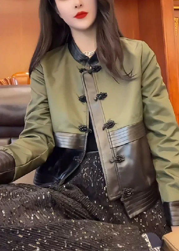 Fashion Green O-Neck Patchwork Button Leather Jacket Fall Denim Jacket Leather Jacket Suede Jacket