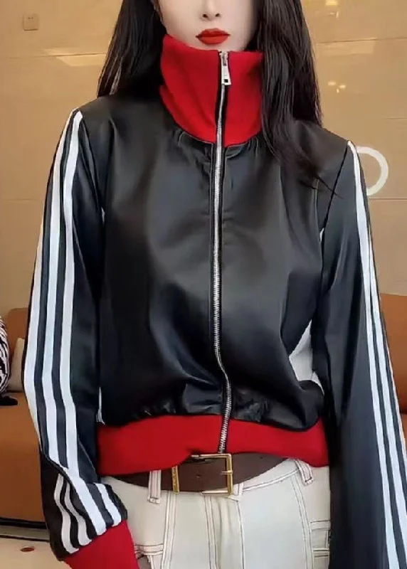 French Black Turtleneck Zippered Patchwork Leather Jacket Fall Tailored Jacket Straight Jacket A-Line Jacket