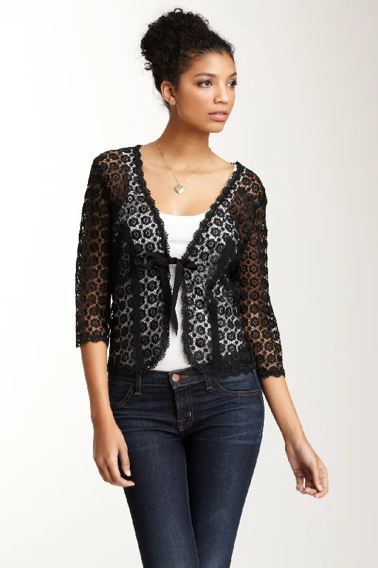 Guipure Lace Tie Jacket - Black Trench Coat Raincoat Waterproof Jacket