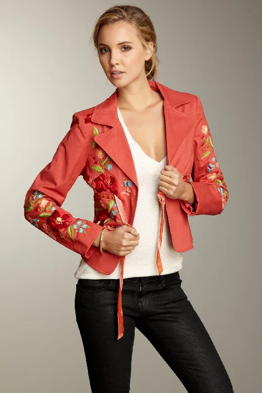 Hand Embroidered Brushed Twill Tie Jacket - Melon Lace Jacket Ribbed Jacket Sequined Jacket