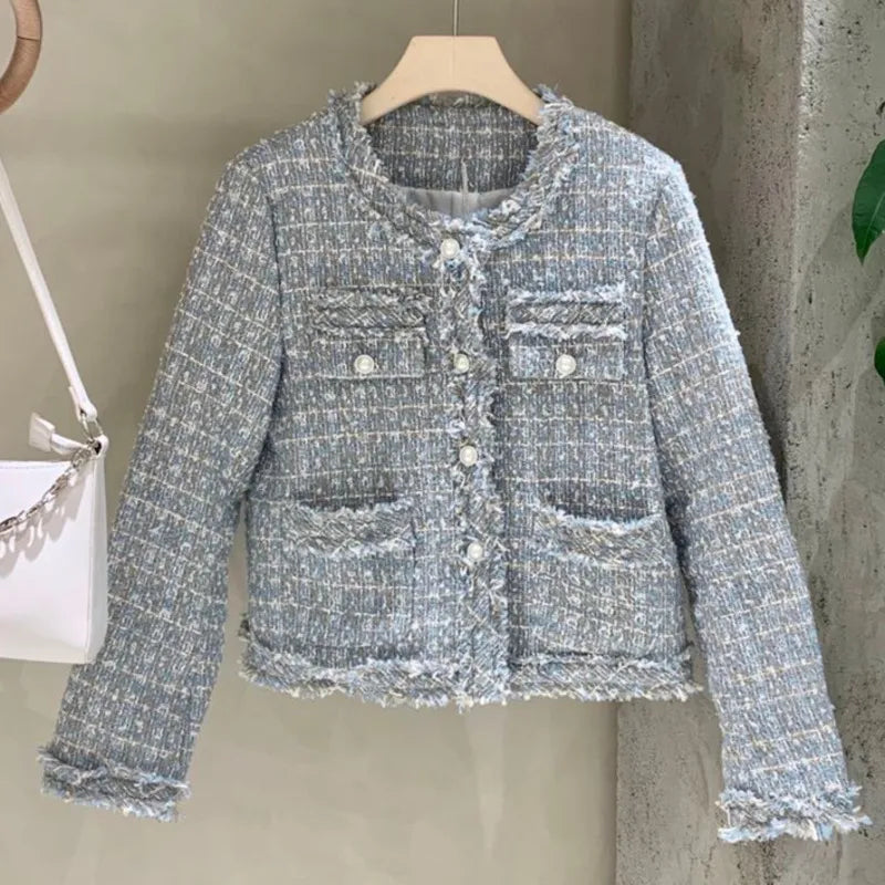 Getadme High Quality Korean Vintage Tweed Jacket Coat Women Autumn Single Breasted Plaid Tassel Slim Woolen Jackets Office Lady Outwear Nylon Jacket Polyester Jacket Spandex Jacket