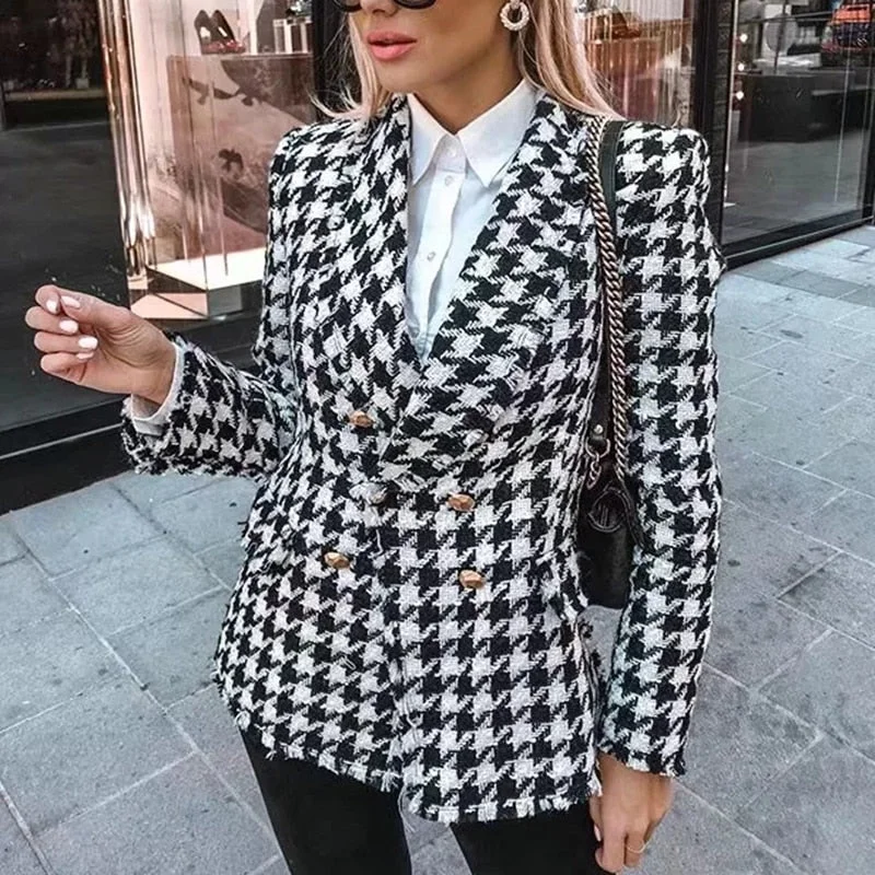 Houndstooth jacket women autumn retro thick plaid jacket Collared Jacket Crew Neck Jacket Turtle Neck Jacket