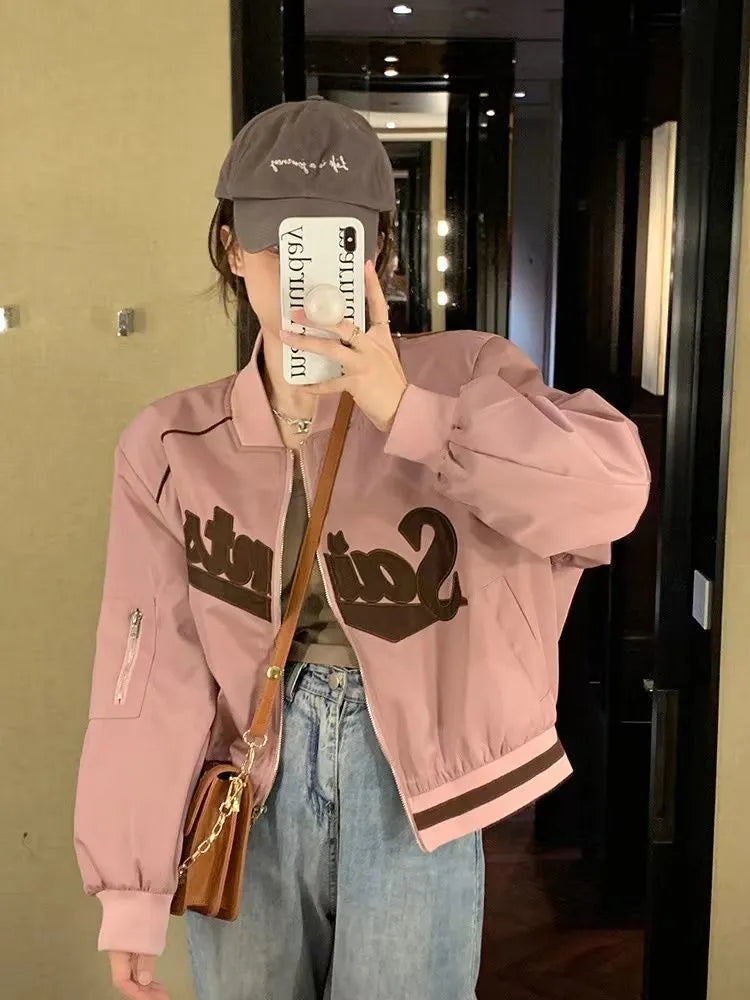 Getadme Cropped Bomber Jackets Women Hippie Korean Fashion Baseball Jacket Harajuku Vintage Letter Print Zip Up Coat Female Kpop Denim Fabric Leather Fabric Suede Fabric