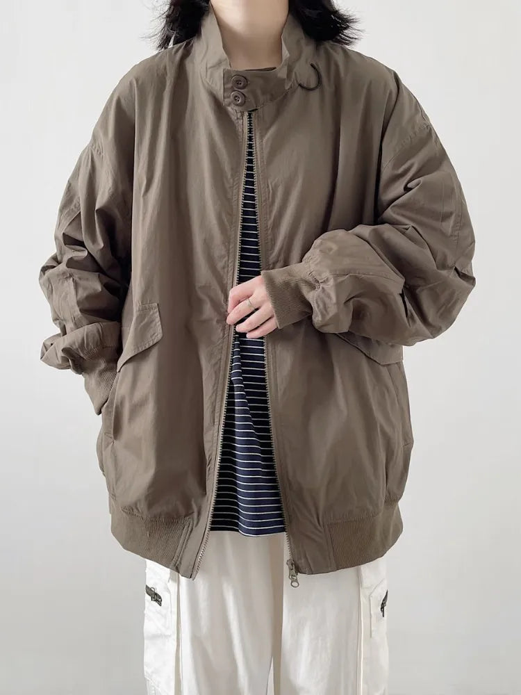 HOUZHOU Harajuku Japanese Style Bomber Jackets Women Hippie Korean Streetwear Solid Zip Up Cargo Jacket Oversize Casual Coat Anorak Shell Jacket Lightweight Jacket