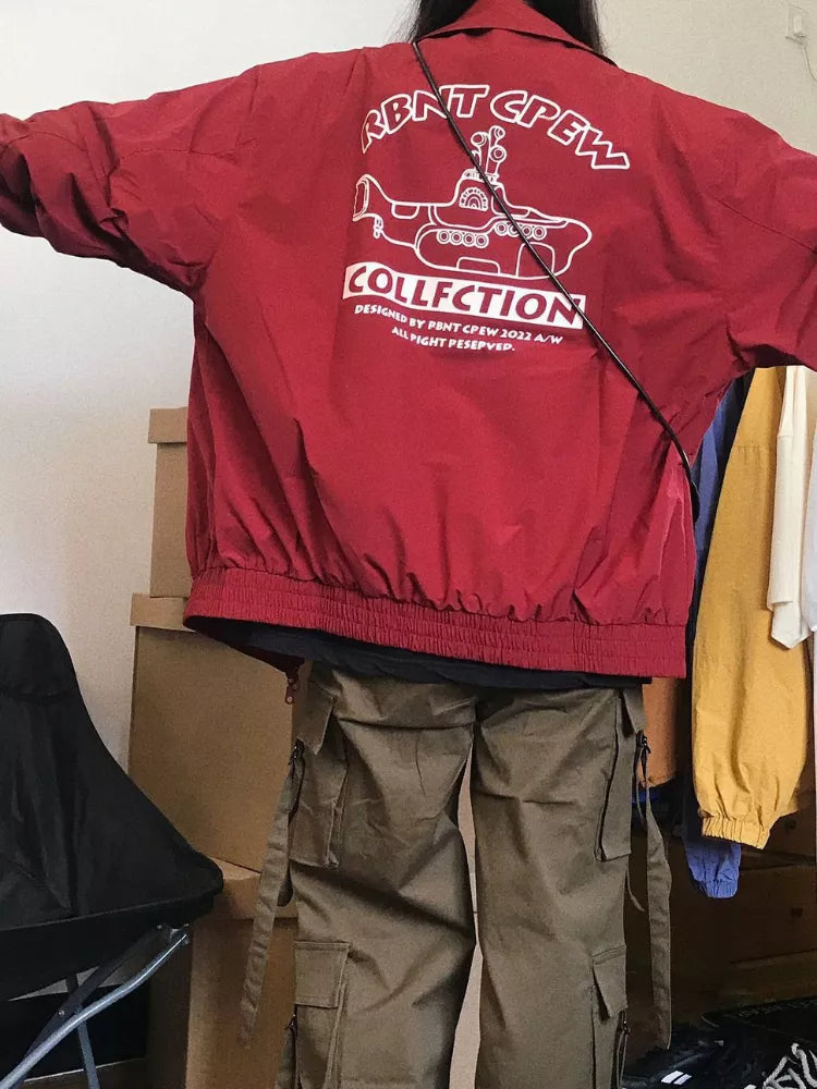 HOUZHOU Harajuku Red Bomber Jackets Women Vintage Streetwear Y2K Oversize Jacket Female Hip Hop Korean Zip Up Coat Wind-proof Jersey Jacket Tulle Jacket Batik Jacket