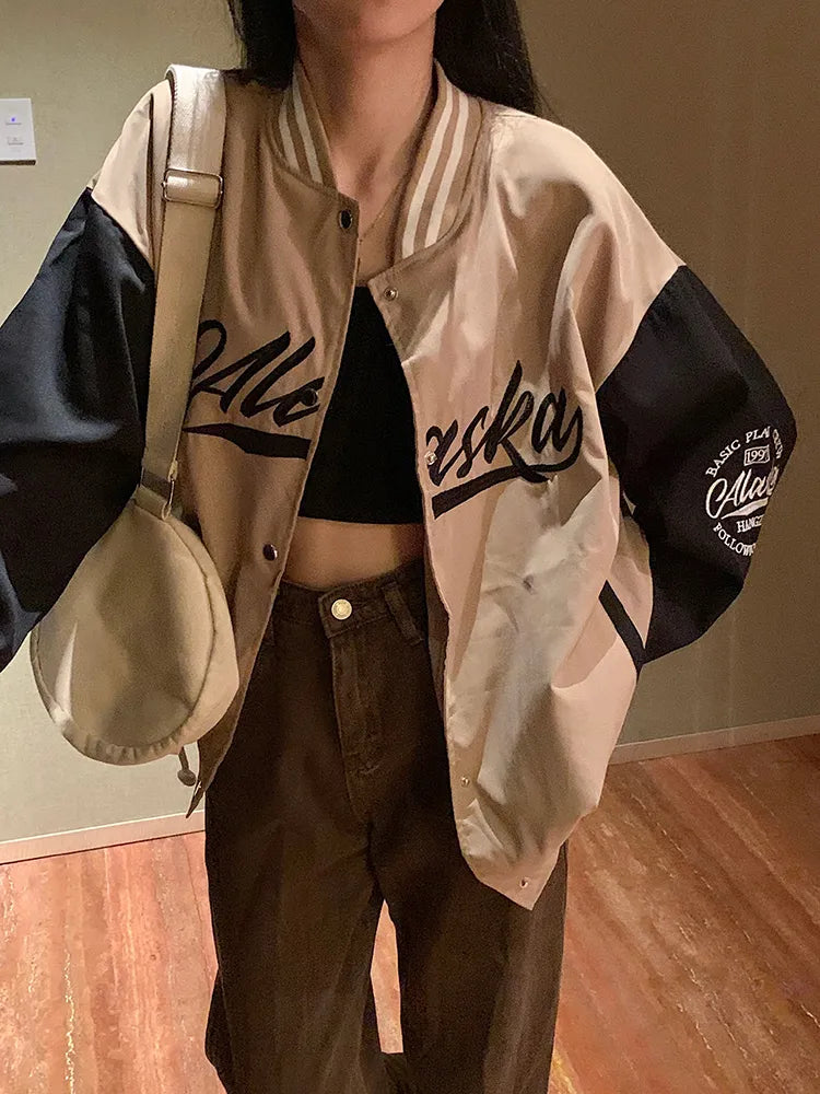 HOUZHOU Vintage Harajuku Letter Bomber Jackets Women Y2K 90s Streetwear Korean Patchwork Oversize Loose Baseball Jakcet Coats Nylon Jacket Polyester Jacket Spandex Jacket