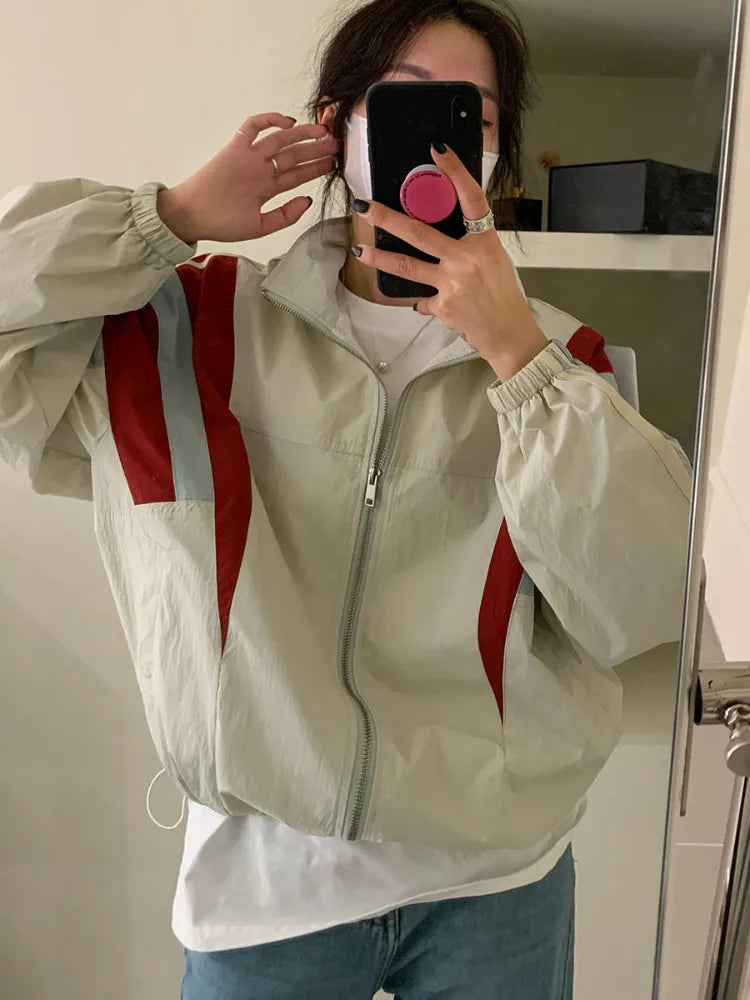 HOUZHOU Vintage Patchwork Striped Bomber Jacket Women Korean Y2K Oversize Zipper Windbreaker Jackets Harajuku Retro Coat Outfits Notch Collar Jacket Peter Pan Collar Jacket Cowl Neck Jacket