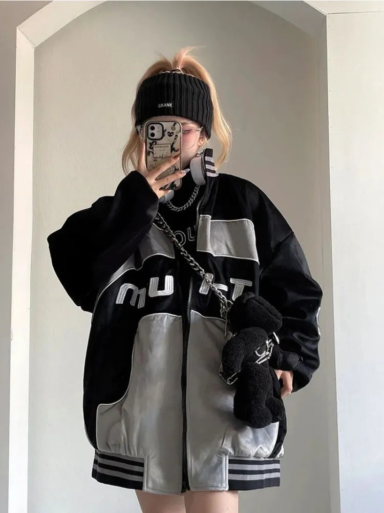 HOUZHOU Y2K Cyber Punk Black Baseball Jacket Women Hip Hop Techwear Japanese Patchwork Winter Jackets Harajuku Edgy Style Coat Rayon Fabric Velvet Fabric Corduroy Fabric