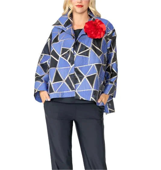 IC Collection Geometric Metallic Jacquard Jacket in Blue - 6755J-BLU Hoodie Zip-Up Jacket Button-Up Jacket