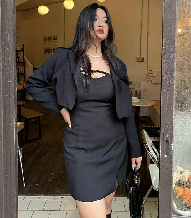 Kim Solid Color Black Spaghetti Straps Mini Dress Cropped Blazer Jacket Two Piece Matching Set Mesh Jacket Canvas Jacket Denim Jacket