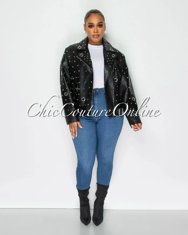 Kizzie Black Vegan Leather Spikes Oversized Jacket Jacket Blazer Coat