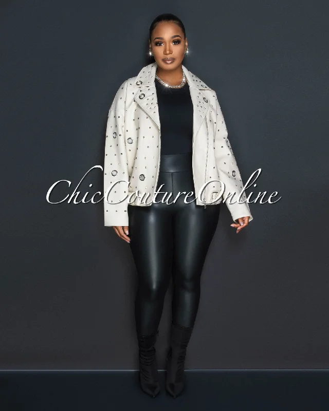 Kizzie Cream Vegan Leather Spikes Oversized Jacket Elasticated Jacket Padded Jacket Insulated Jacket