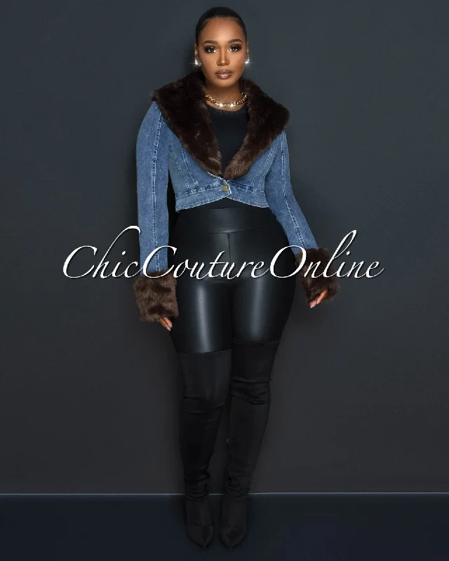 Leroy Dark Denim Brown Faux Fur Crop Jacket Nylon Fabric Polyester Fabric Spandex Fabric