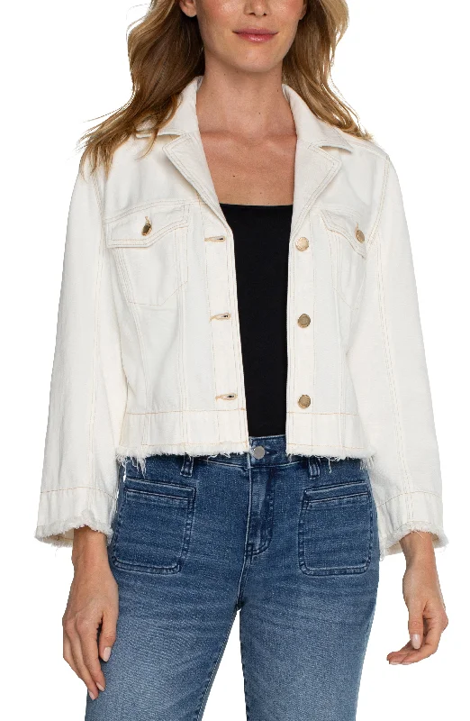 Liverpool Notch Collar Fray Hem Jacket - Vintage Ecru Snapped Jacket Toggled Jacket Drawstring Jacket