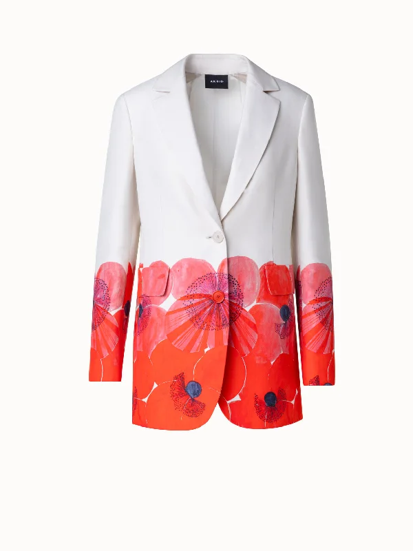 Long Cotton Silk Double-Face Jacket with Poppy Print Denim Jacket Leather Jacket Suede Jacket
