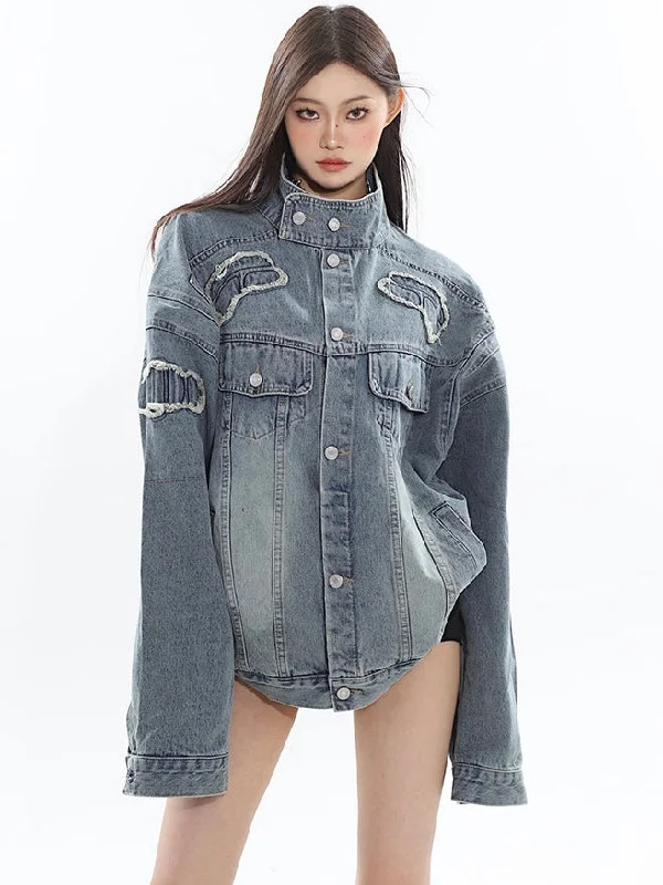 Louis Washed Denim Blue Patchwork Long Sleeve Button Up Turtleneck Jean Jacket Fleece Jacket Down Jacket Feather Jacket
