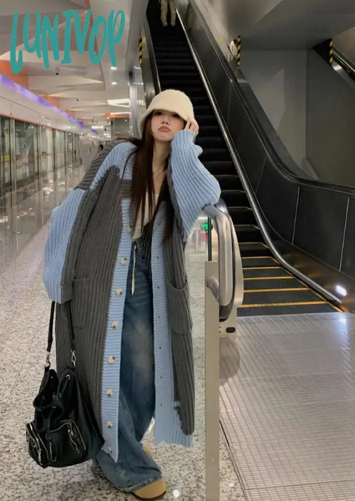 Lunivop Casual Loose Lace Up Collar Knitted Long Jacket Female Chic Solid Long Sleeve Overcoat  Autumn Winter Warm Cloak Welt Pockets Slit Pockets Flap Pockets