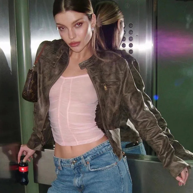 Lunivop Fashion Leather Slim Long Sleeve Zipper Short Coat Casual Streetwear Daily Outfit Jacket Vacation Y2K Women Clothing Ribbed Jacket Pleated Jacket Ruffled Jacket