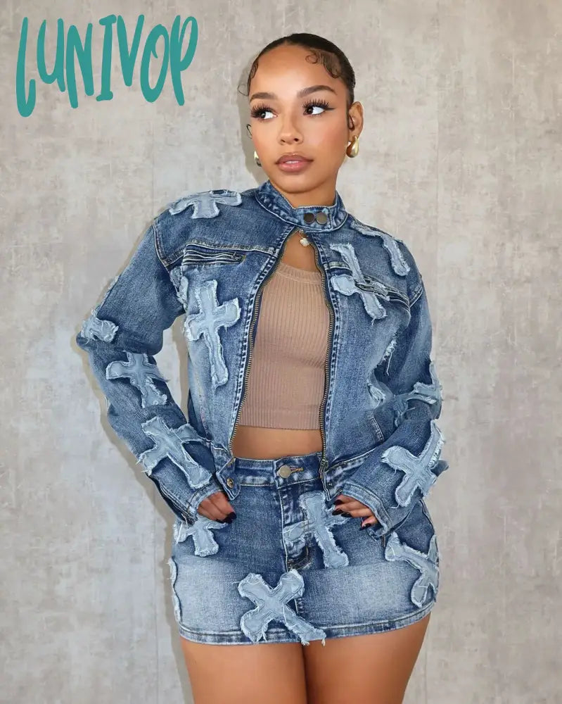 Lunivop Fashion Streetwear Women Embroiderie Long Sleeve Zipper Denim Jackets Coat and Mini Skirts Jeans Suit Two Piece Set Outfit Women Corduroy Jacket Velvet Jacket Brocade Jacket