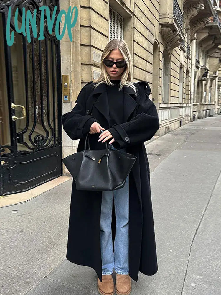 Lunivop inter Wool Mix Double-breasted Belt Jacket Lady Chic Casual Lapel Collar Pockets Overcoats Women Elegant High Streetwear Notch Collar Jacket Peter Pan Collar Jacket Cowl Neck Jacket