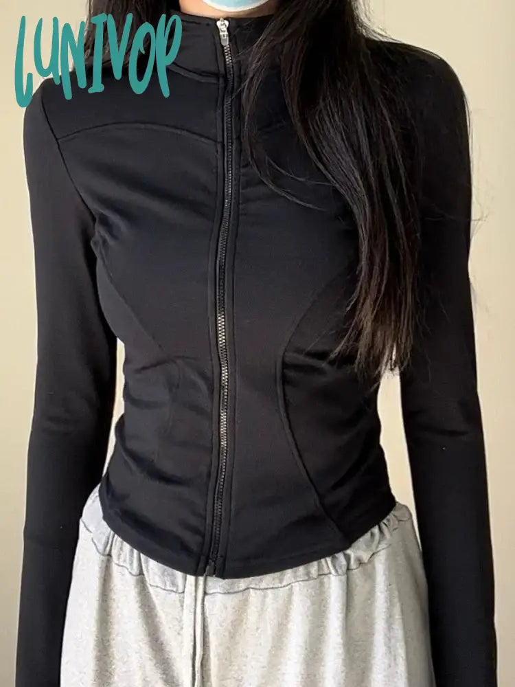Lunivop Outdoors Sun Protection Summer Women Slim Jackets 2024 All Match Casual Grunge Solid Coat Trendy Y2k Aesthetic Stand Neck Coats Ribbed Jacket Pleated Jacket Ruffled Jacket