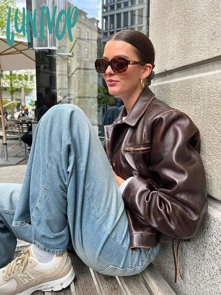 Lunivop Women Elegant Chic Side Lace Up Short Leather Jacket Fashion Lapel Long Sleeve Pocket Crop Coat Autumn Lady High Streetwear Print Jacket Jacquard Jacket Patchwork Jacket