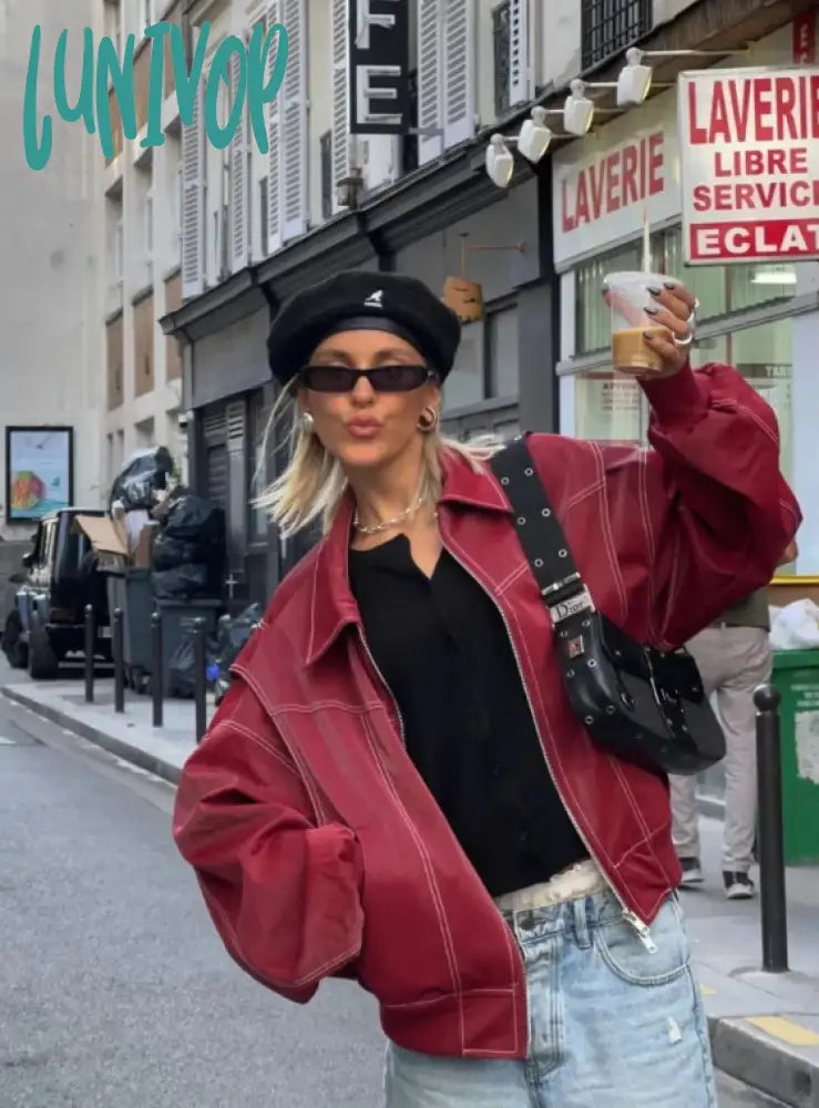 Lunivop Women Contrast Stitching Red Jacket Fashion Lapel Long Sleeve Zippered Leather Coat Autumn Female Elegant Streetwear Corduroy Jacket Velvet Jacket Brocade Jacket