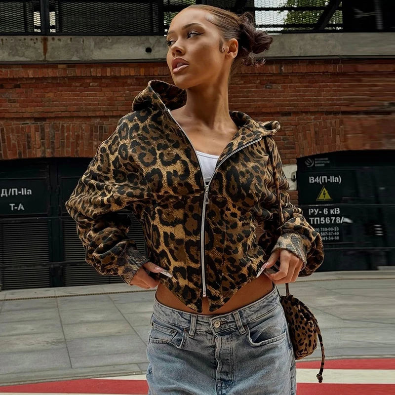 Lunivop Hooded Leopard Print Long Lantern Sleeves Zipper Up Women'S Coats jacket 2024 Y2K Streetwear Casual Clothes Wholesale Zippered Front Buttoned Front Snap Front