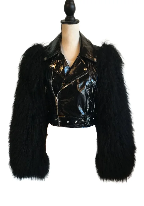 Madonna and Co Leather Biker Jacket with Fluffy Fur Sleeves Ribbed Jacket Pleated Jacket Ruffled Jacket