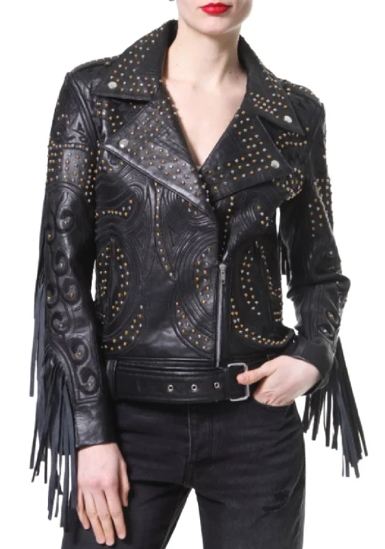 Madonna and Co Studded Fringe Leather Biker Jacket Rayon Fabric Velvet Fabric Corduroy Fabric
