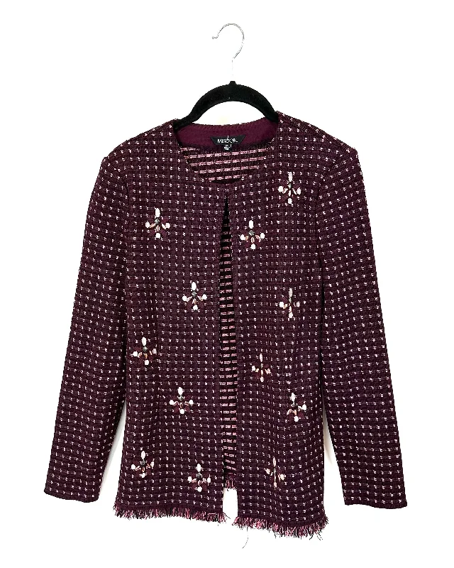 Deep Maroon And Pink Jacket - Size 0-2 Collared Jacket Crew Neck Jacket Turtle Neck Jacket
