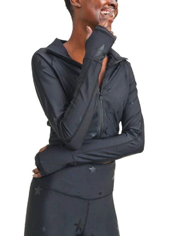 Mono B Star Print Foil Crop Jacket AJ2914 Oversized Jacket Tailored Jacket Straight Jacket